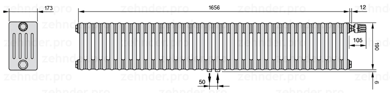 Схема (чертеж) Радиатор Zehnder Charleston 5019/36 №V008 Белый глянцевый RAL 9016